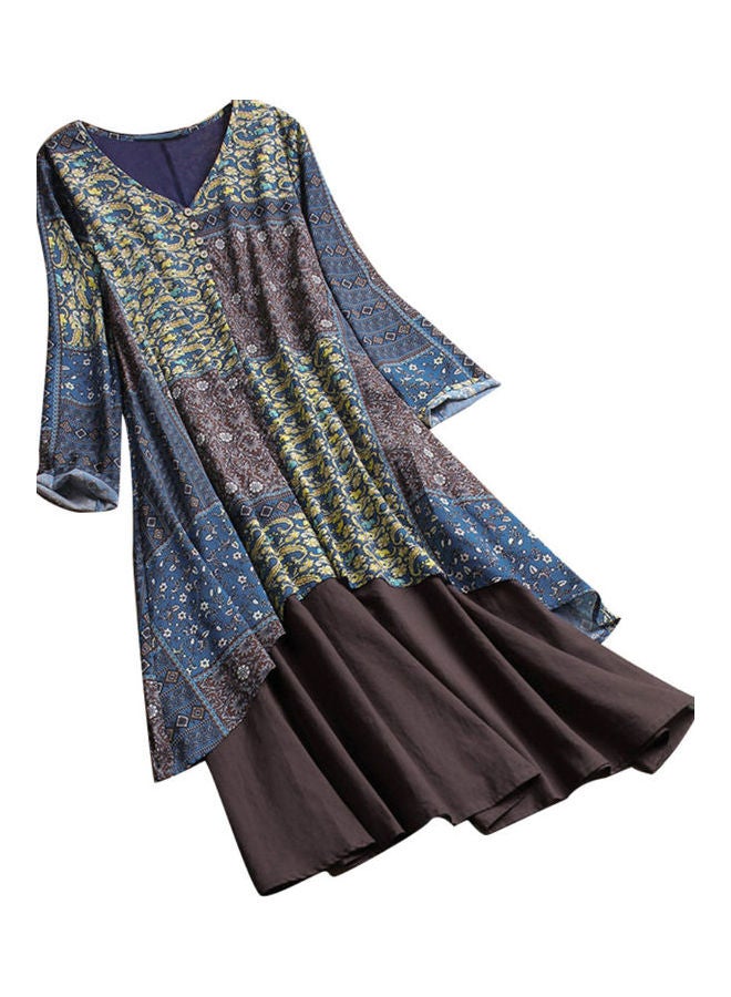 V-Neck Printed Maxi Dress Blue/Green/Brown - Image 1