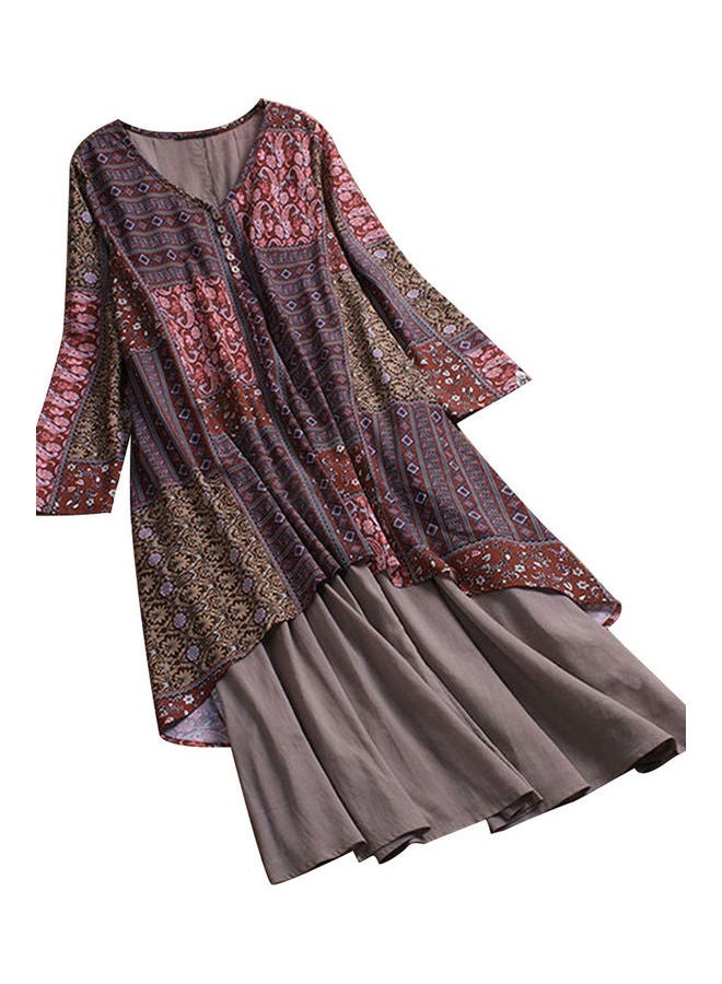 Plus Size Women Vintage V Neck Long Sleeve Floral Print Stitching Maxi Dress Red/Brown/Grey  - Image 1