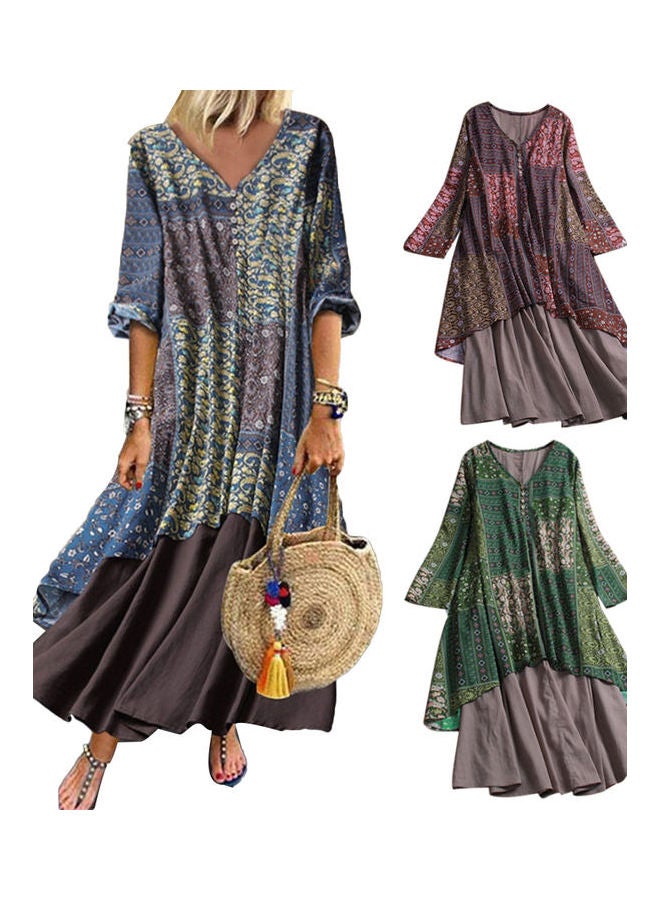 Plus Size Women Vintage V Neck Long Sleeve Floral Print Stitching Maxi Dress Red/Brown/Grey  - Image 2