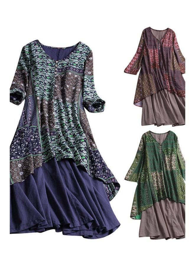 Plus Size Women Vintage V Neck Long Sleeve Floral Print Stitching Maxi Dress Red/Brown/Grey  - Image 3
