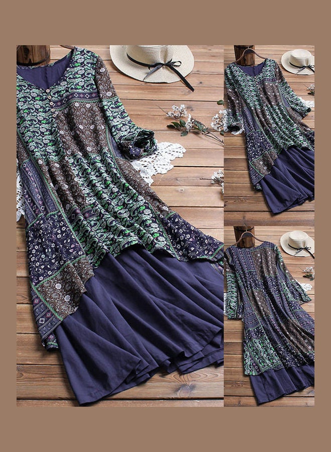 Plus Size Women Vintage V Neck Long Sleeve Floral Print Stitching Maxi Dress Red/Brown/Grey  - Image 4