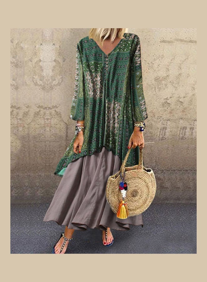 Plus Size Women Vintage V Neck Long Sleeve Floral Print Stitching Maxi Dress Red/Brown/Grey  - Image 5