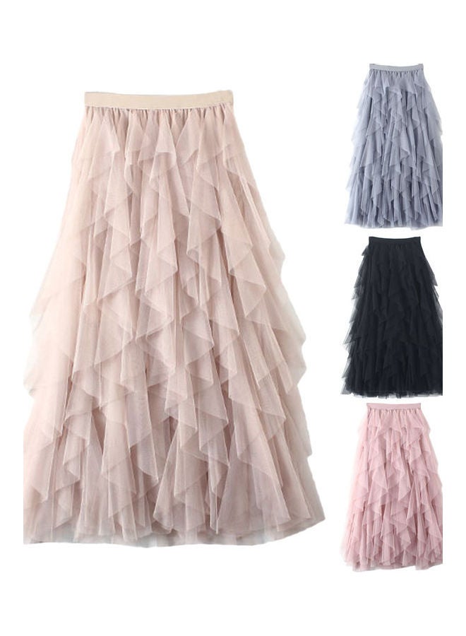 Solid Pattern High Rise Midi Skirts Beige