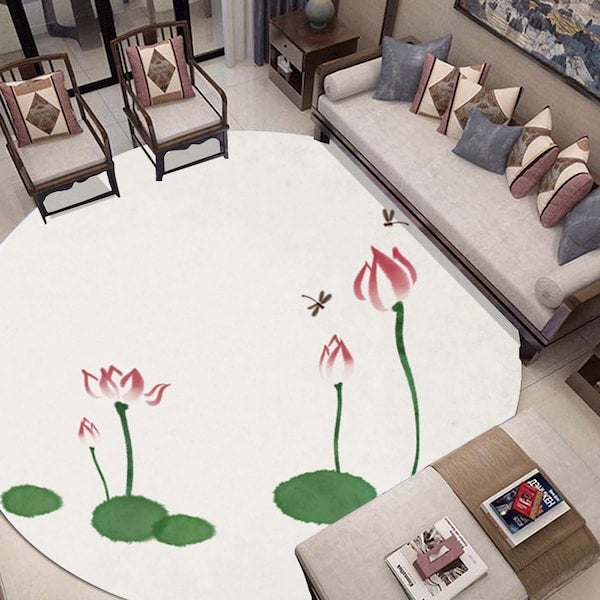 Rug Round Lotus Print Simple Living Room Mat Multicolour Diameter 40cm  - Image 1