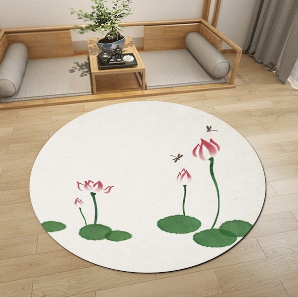 Rug Round Lotus Print Simple Living Room Mat Multicolour Diameter 40cm  - Image 4