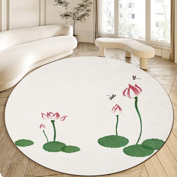 Rug Round Lotus Print Simple Living Room Mat Multicolour Diameter 40cm  - Image 5