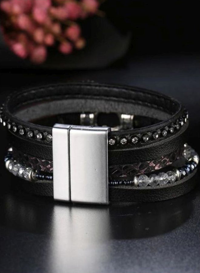 Sharpdo Leather Rhinestone Studded Multilayer Wrap Bracelet - Image 2