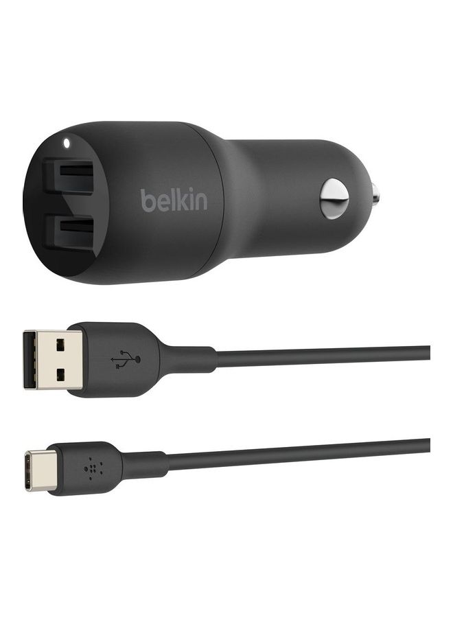 belkin BOOSTCHARGE Dual USB-A Car Charger (24W) + USB-A to USB-C Cable (1m) Black Multicolour - Image 1