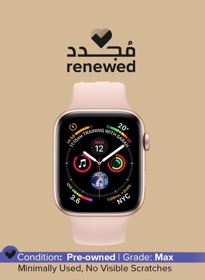 ابل  مجدد - ساعة من السلسلة 4 مزودة بنظام تحديد المواقع GPS غطاء ألمنيوم ذهبي مع رباط رياضي باللون الوردي - Image 1