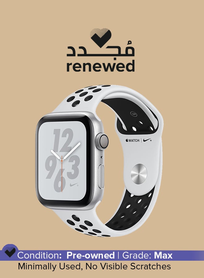 ابل  مجدد - ساعة يد نايكي+ ووتش سيريز 4 بخاصية نظام تحديد المواقع GPS هيكل خارجي من الألومنيوم الفضي والبلاتنيوم النقي / وسوار نايك رياضي أسود - Image 1