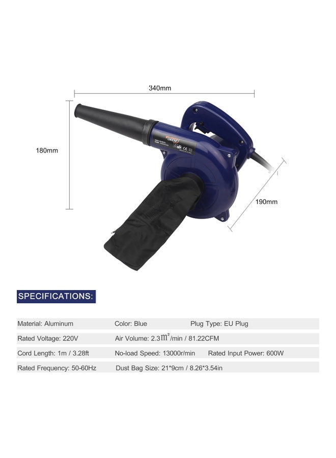 600W Electric Leaf Blower Corded 3-in-1 Yard Blower Vacuum Blue 23x16.5x17cm - Image 3