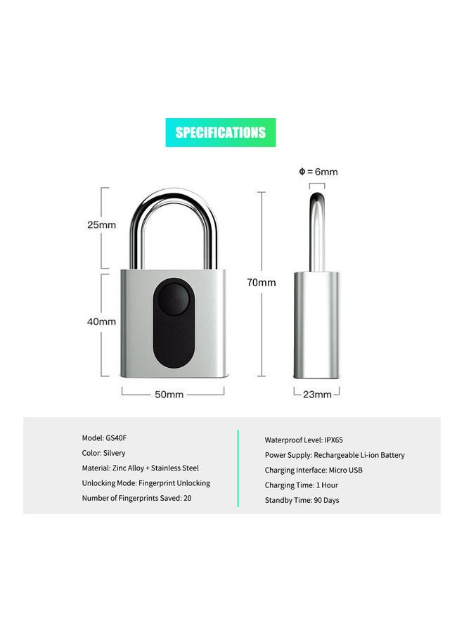 Smart Fingerprint Lock Silver 12.5 x 2 x 8cm