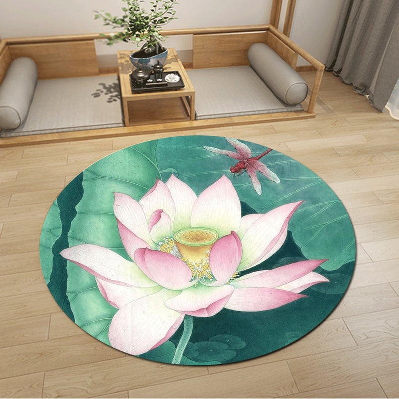 1-Piece Round Anti-Skidding Dragonfly Lotus Print Mat Green 60cm  - Image 1