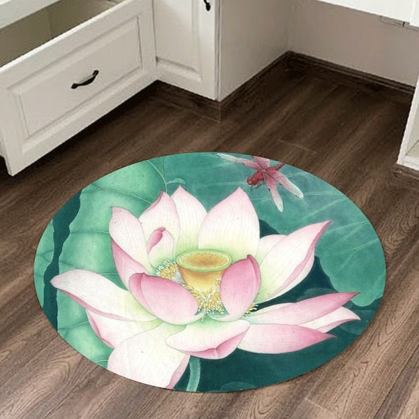 1-Piece Round Anti-Skidding Dragonfly Lotus Print Mat Green 60cm  - Image 2
