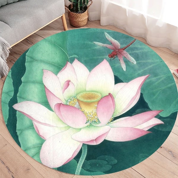1-Piece Round Anti-Skidding Dragonfly Lotus Print Mat Green 60cm  - Image 3