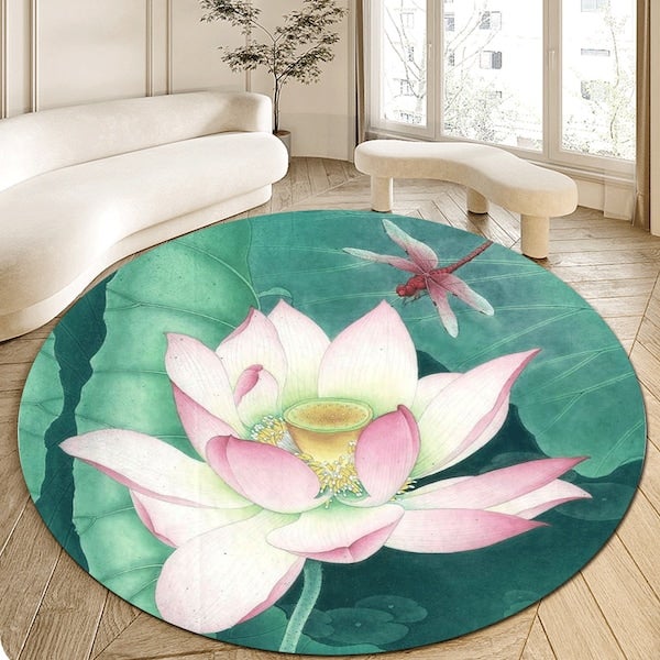 1-Piece Round Anti-Skidding Dragonfly Lotus Print Mat Green 60cm  - Image 4