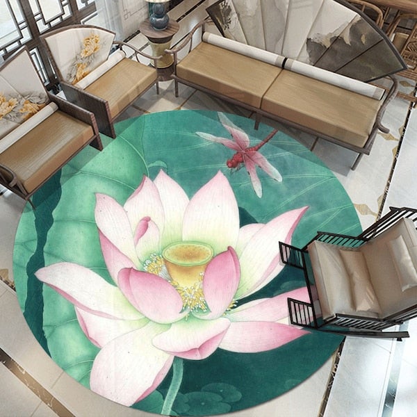 1-Piece Round Anti-Skidding Dragonfly Lotus Print Mat Green 60cm  - Image 5