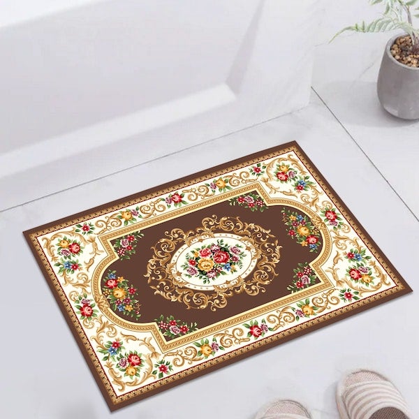 1-Piece Classic Floral Print Soft Anti-Slip Carpet Brown 50x80cm  - Image 5