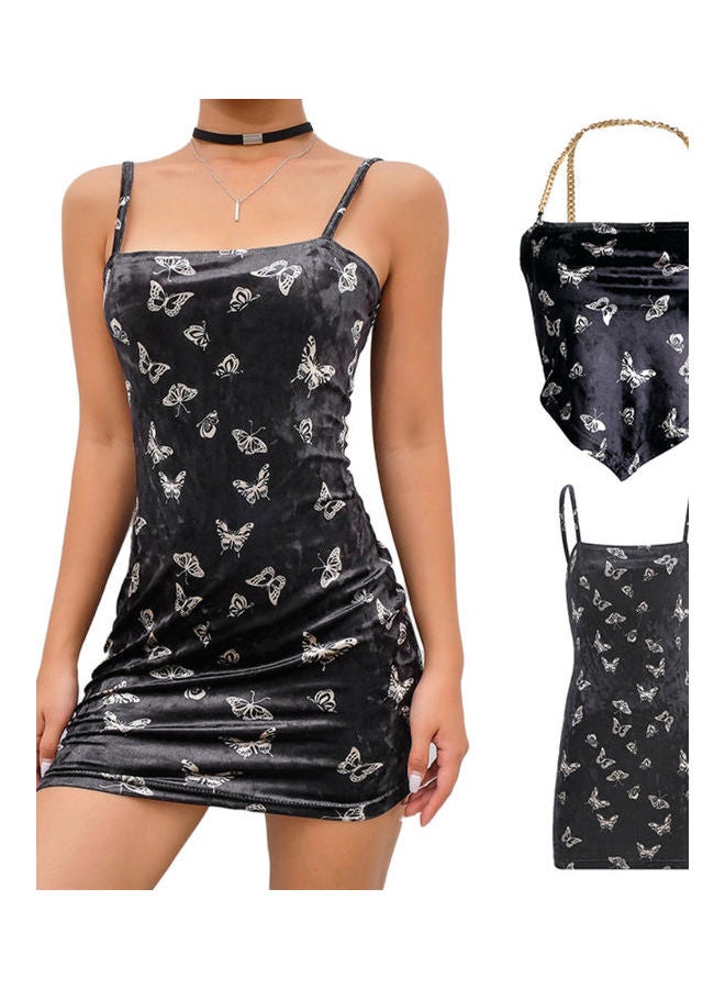 Butterfly Printed Bodycon Chain Dress Black - Image 3