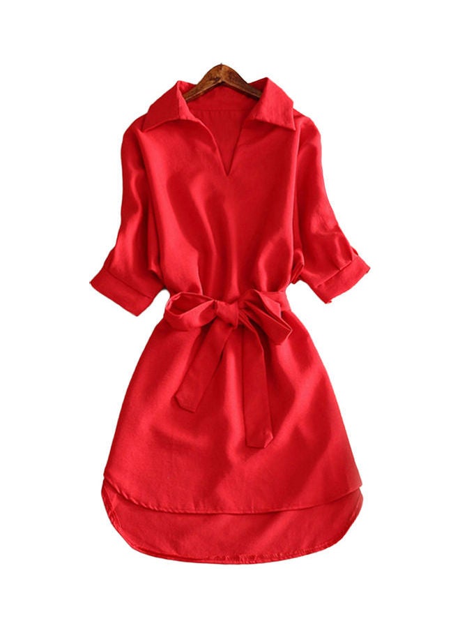 Belt Designed Shirt Dress Red - Image 1