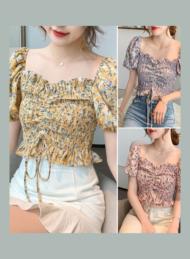 Off Shoulder Floral Chiffon Short Sleeve Crop Top Purple - Image 2