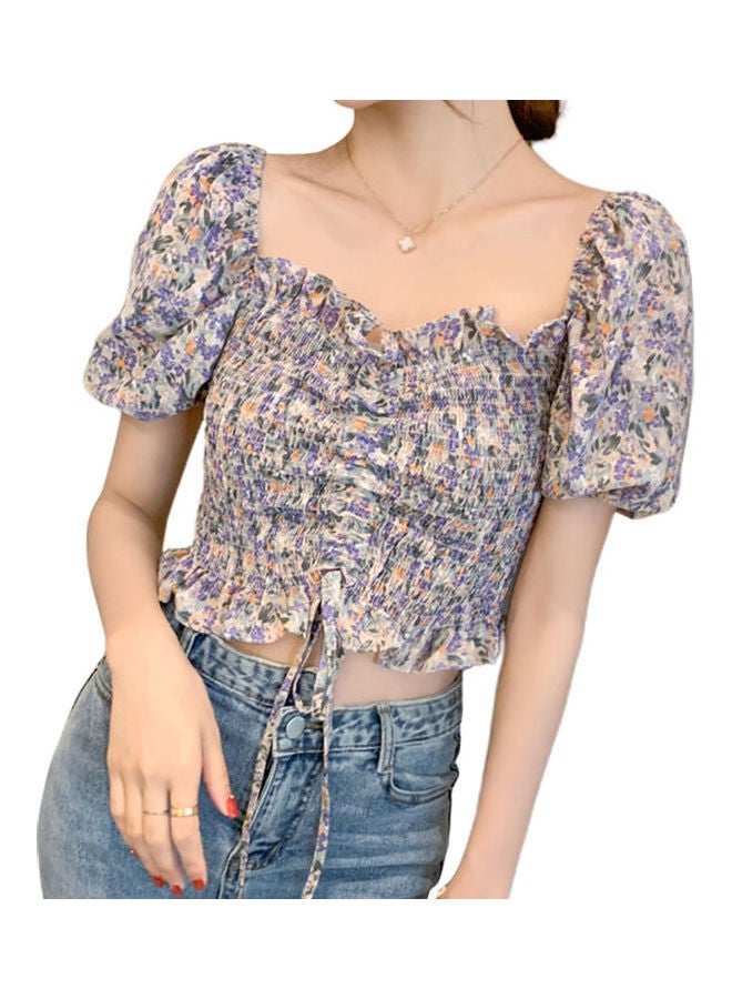 Off Shoulder Floral Chiffon Short Sleeve Crop Top Purple - Image 1