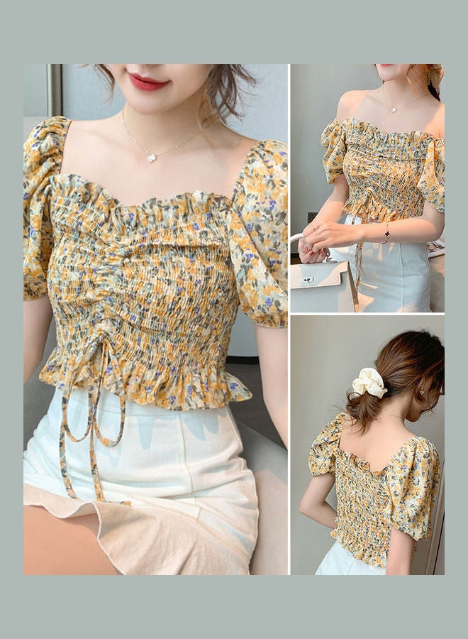 Off Shoulder Floral Chiffon Short Sleeve Crop Top Purple - Image 3
