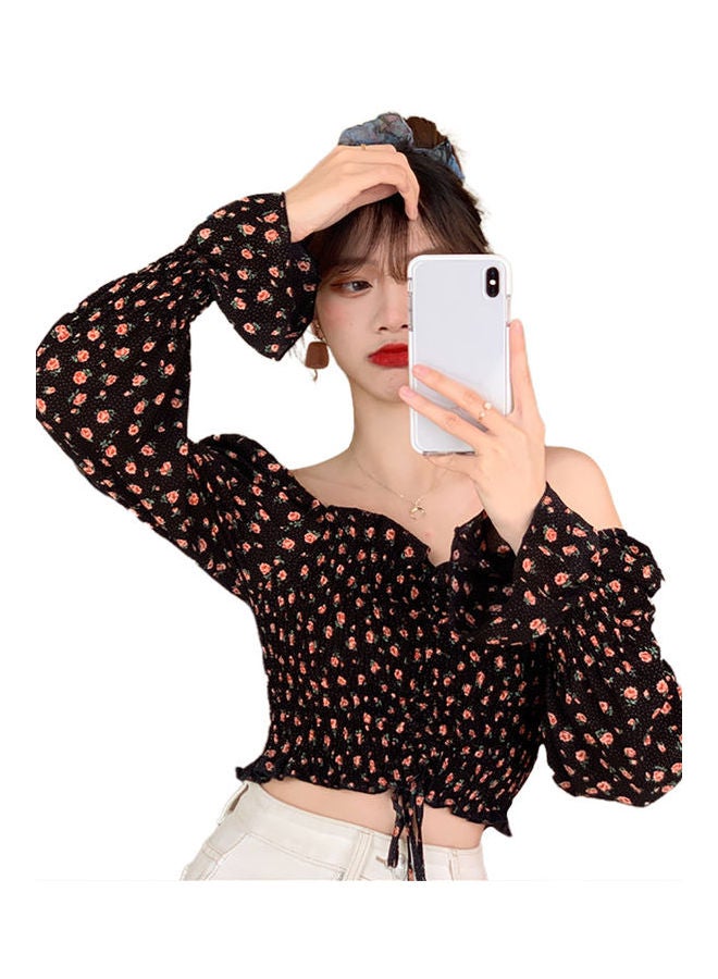 Drawstring Flare Long Sleeve Floral V Neck Top Black - Image 1