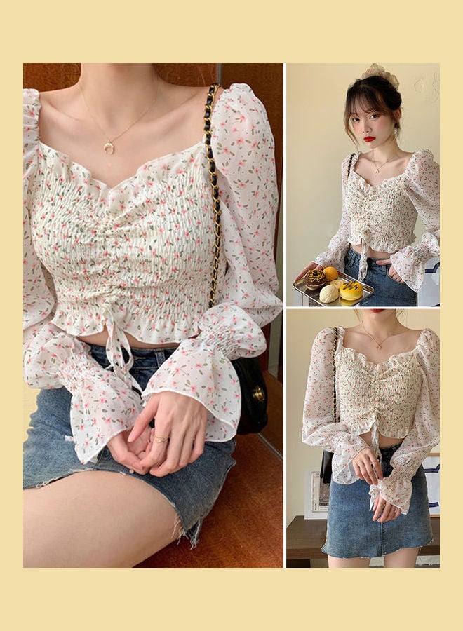 Drawstring Flare Long Sleeve Floral V Neck Top Black - Image 3