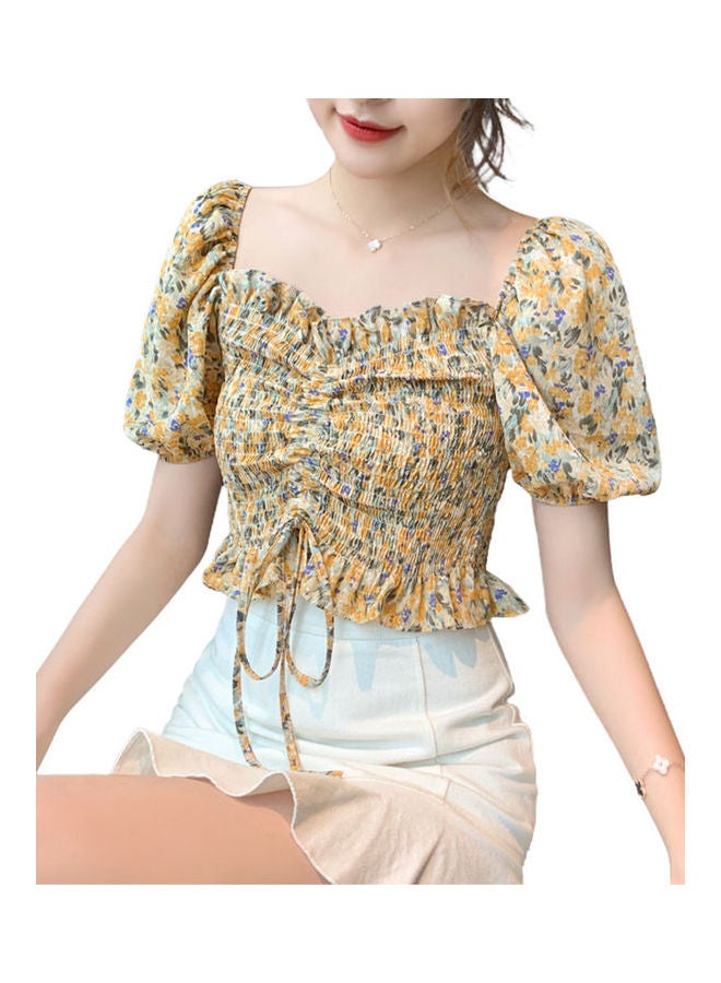 Off Shoulder Floral Chiffon Short Sleeve Crop Top Yellow - Image 1