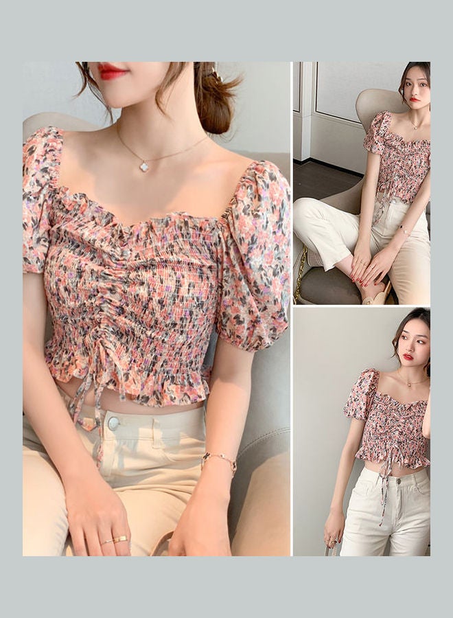 Off Shoulder Floral Chiffon Short Sleeve Crop Top Yellow - Image 4