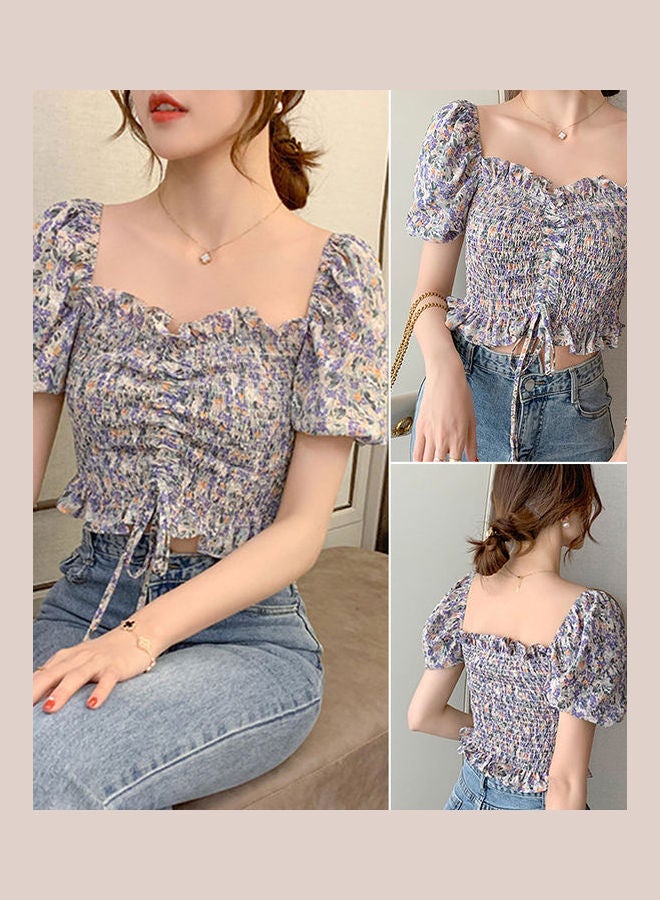 Off Shoulder Floral Chiffon Short Sleeve Crop Top Yellow - Image 5