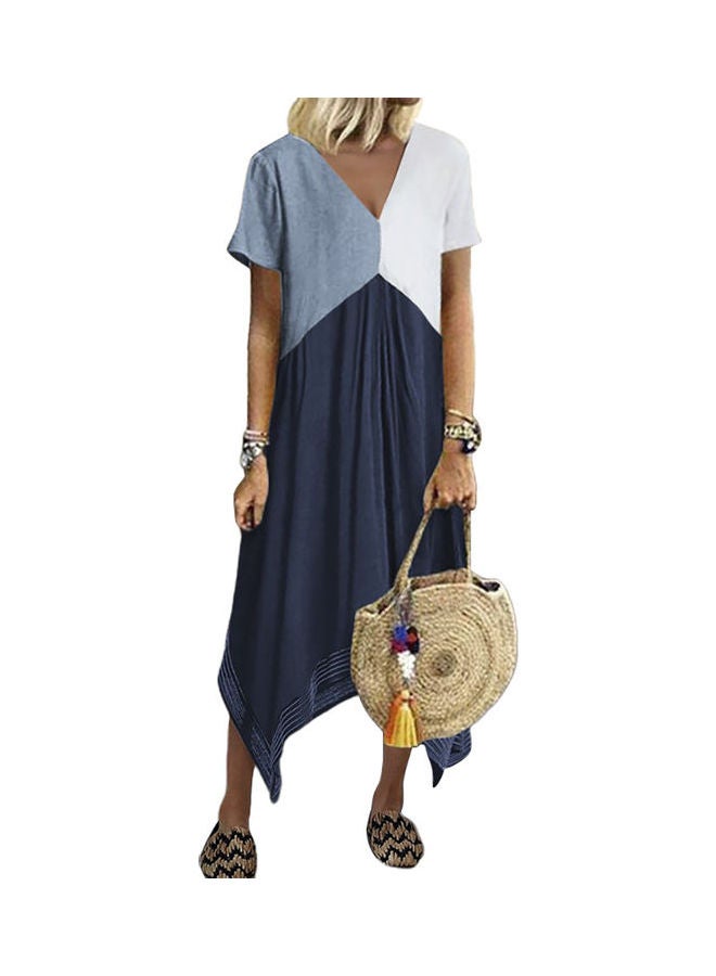 Solid V Neck Short Sleeve Dress Blue - Image 1