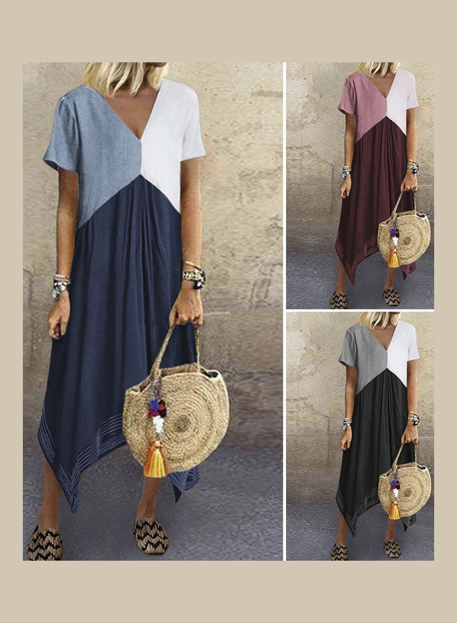 Solid V Neck Short Sleeve Dress Blue - Image 2