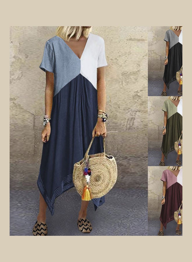 Solid V Neck Short Sleeve Dress Blue - Image 3
