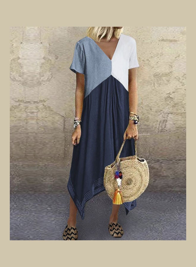 Solid V Neck Short Sleeve Dress Blue - Image 4
