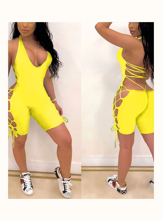 جمبسوت سادة بدون أكمام ياقة شكل V أصفر - Image 1