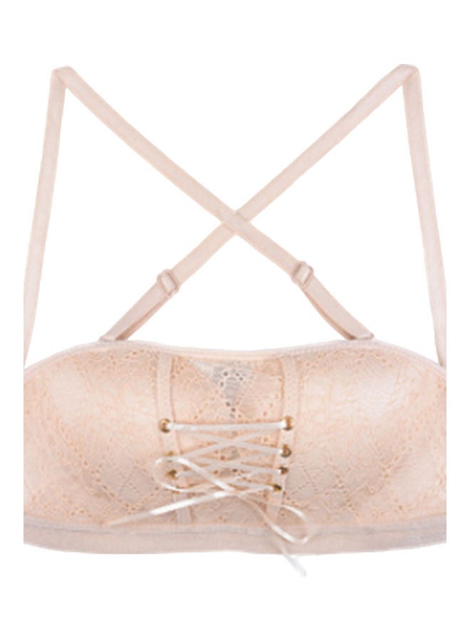 Lace Padded Wireless Front String Tube Top Bra Apricot  - Image 1
