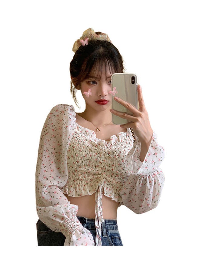 Drawstring Flare Long Sleeve Floral V Neck Top White - Image 1