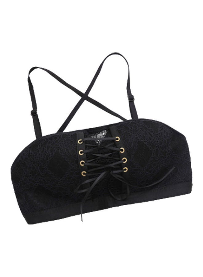 Lace Padded Wireless Front String Tube Top Bra Black  - Image 1