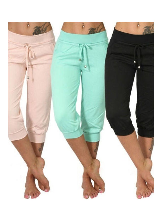 Solid Low Rise Drawstring Capri Pants Black  - Image 2