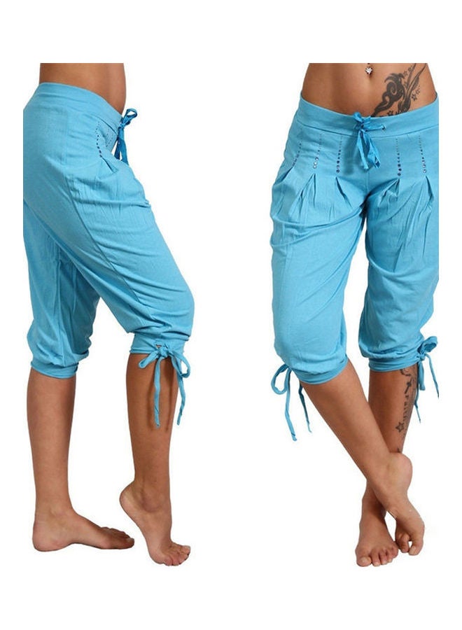 Drawstring Rhinestone Pleated Sports Capri Pants Blue 