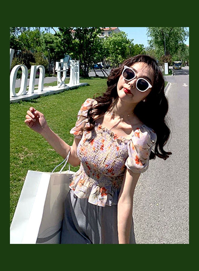 بلوزة قصيرة بأكمام قصيرة وفتحة رقبة مربعة وطبعة زهور أخضر - Image 5