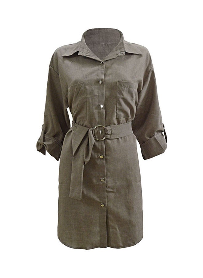 Solid Collered Neck Dress Khaki - Image 1