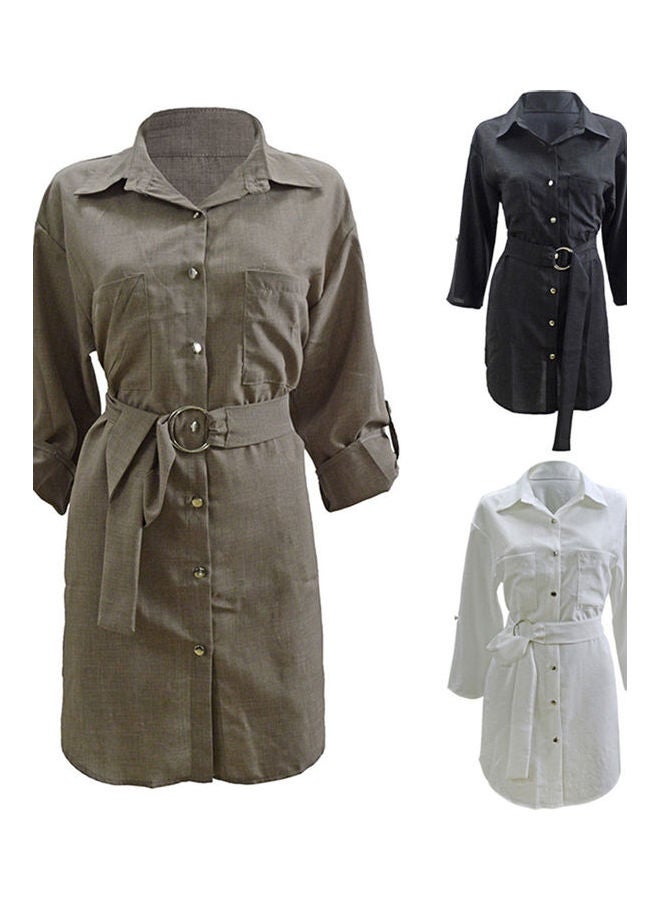 Solid Collered Neck Dress Khaki - Image 2