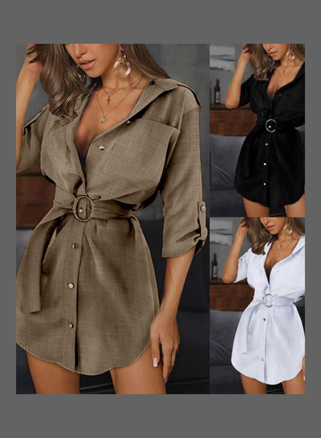 Solid Collered Neck Dress Khaki - Image 3