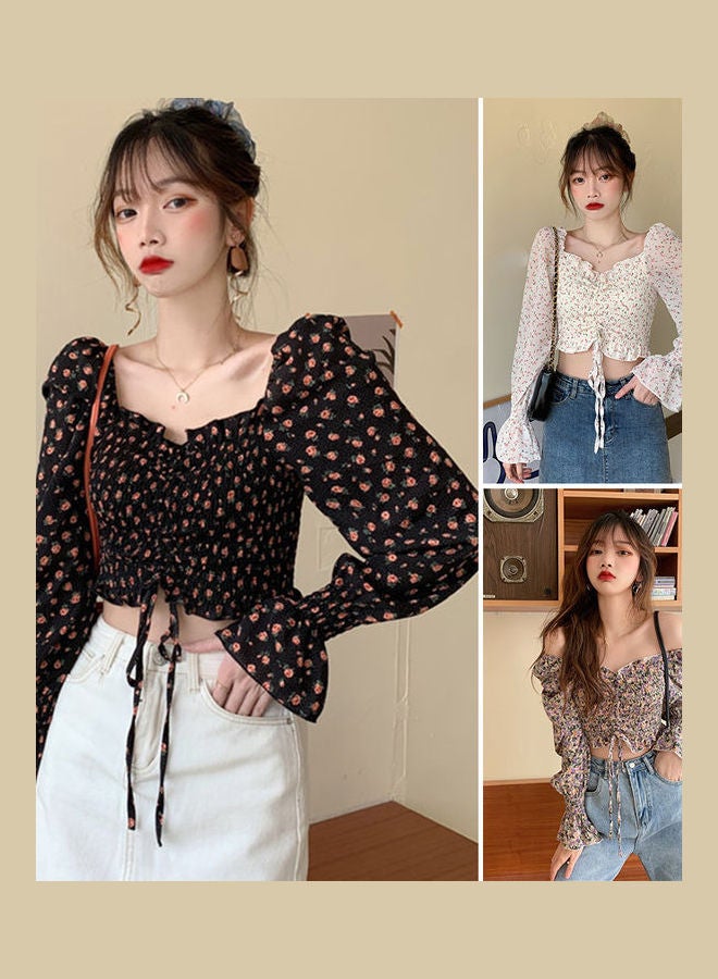 Drawstring Flare Long Sleeve Floral V Neck Top Purple - Image 2