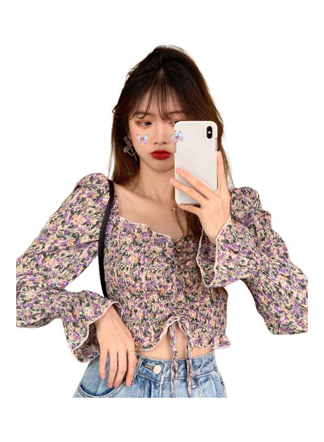 Drawstring Flare Long Sleeve Floral V Neck Top Purple - Image 1