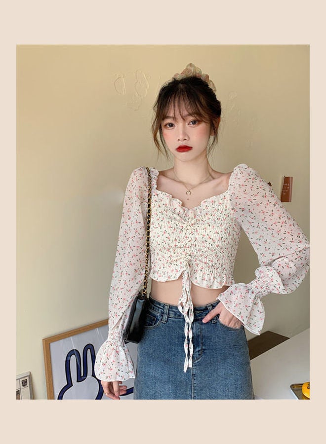Drawstring Flare Long Sleeve Floral V Neck Top Purple - Image 5