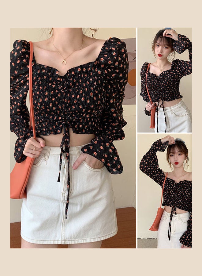 Drawstring Flare Long Sleeve Floral V Neck Top Purple - Image 4